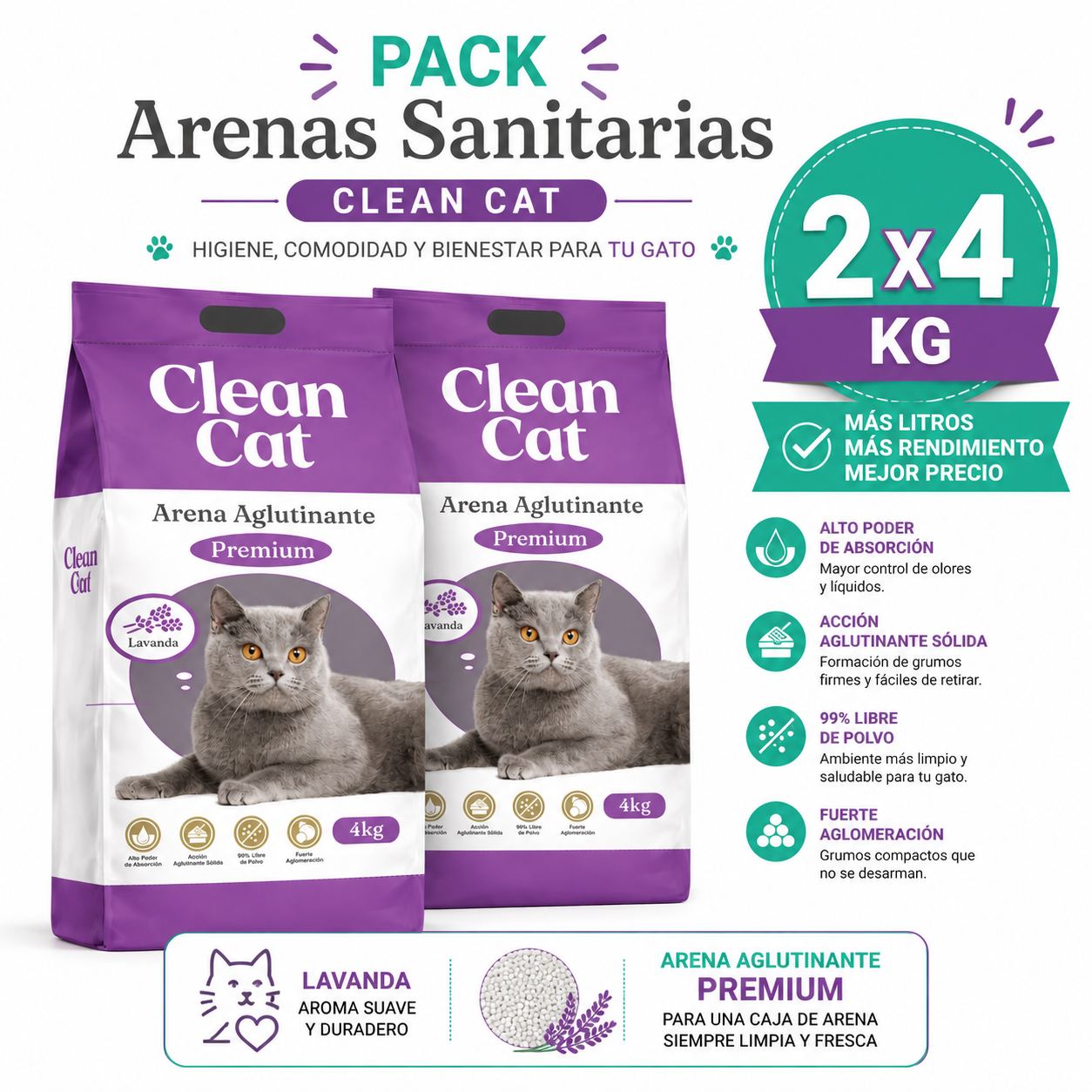 Pack Arenas Sanitarias Clean Cat lavanda 8 kg (2x4 kg)